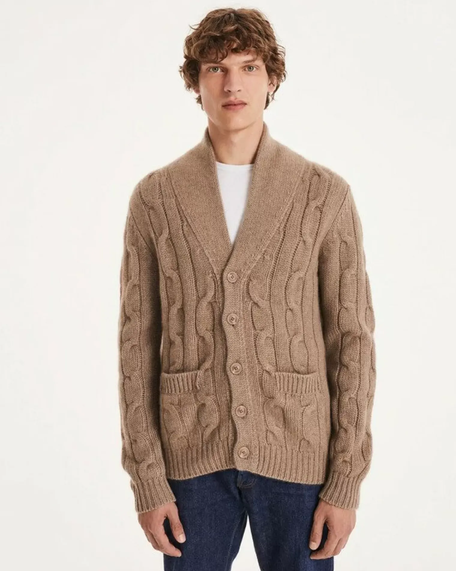 Kujten Jackets & Vests>Unisex Shawl Collared Cashmere Cardigan Beige Taupe