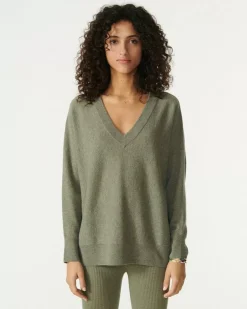 Kujten Sweaters & Sweatshirts>V-Neck Cashmere Sweater, 2-Threads Kaki Chine