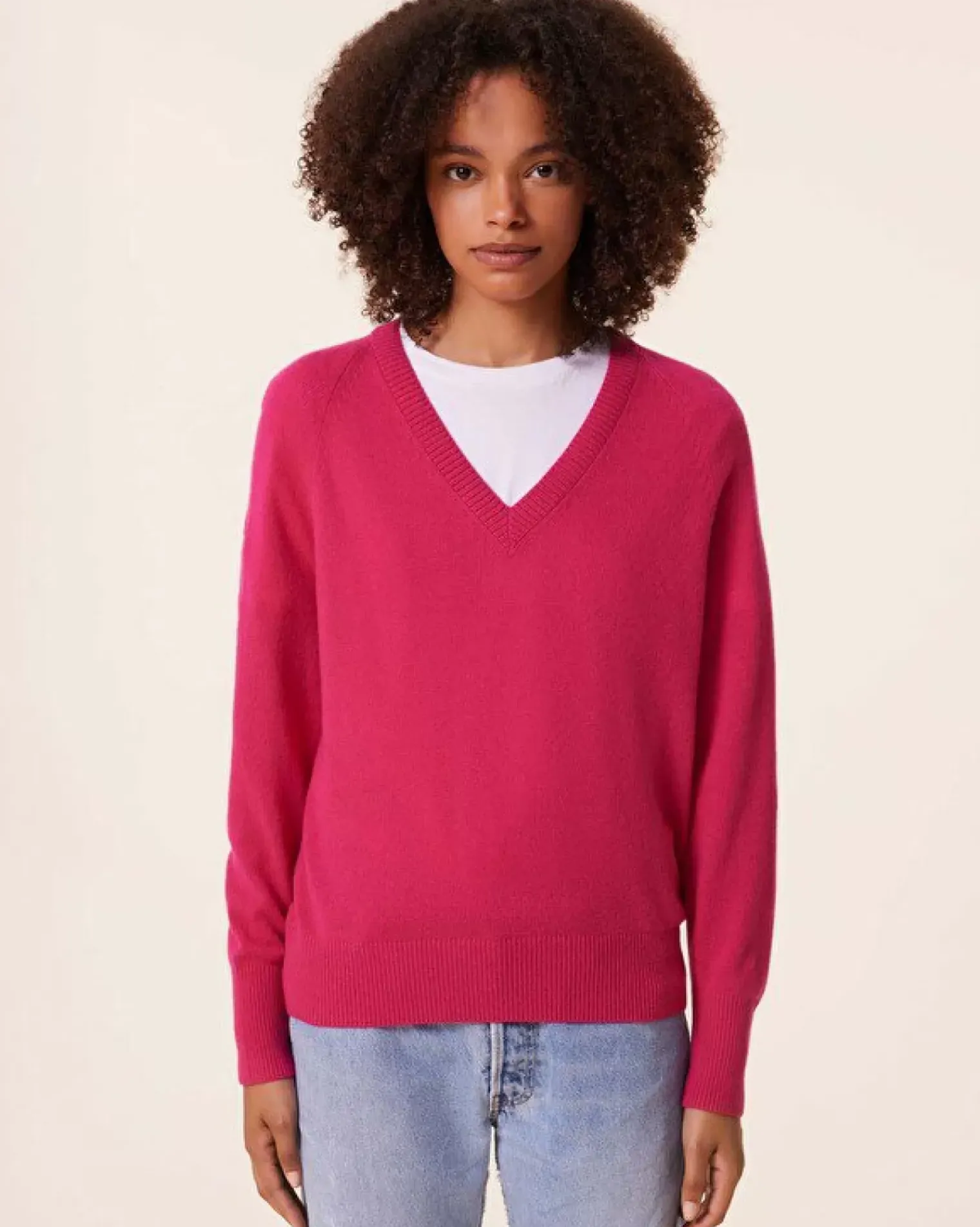 Kujten Sweaters & Sweatshirts>V-Neck Cashmere Sweater, 2-Threads Rose Neon