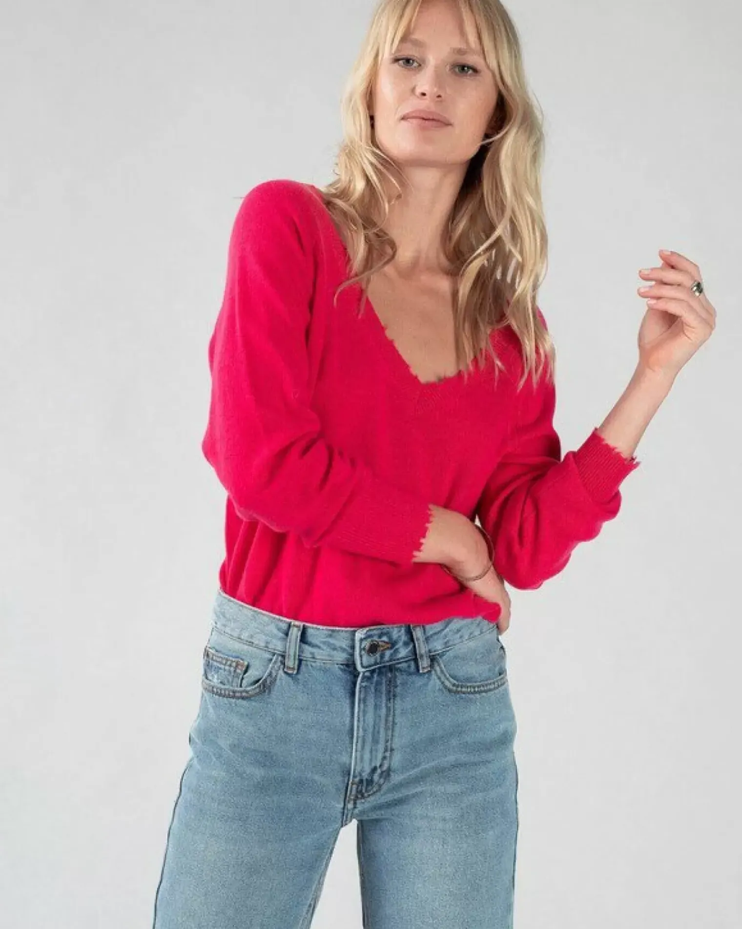 Kujten Sweaters & Sweatshirts>V-Neck Long Sleeves Cashmere Sweater Rose Fushia
