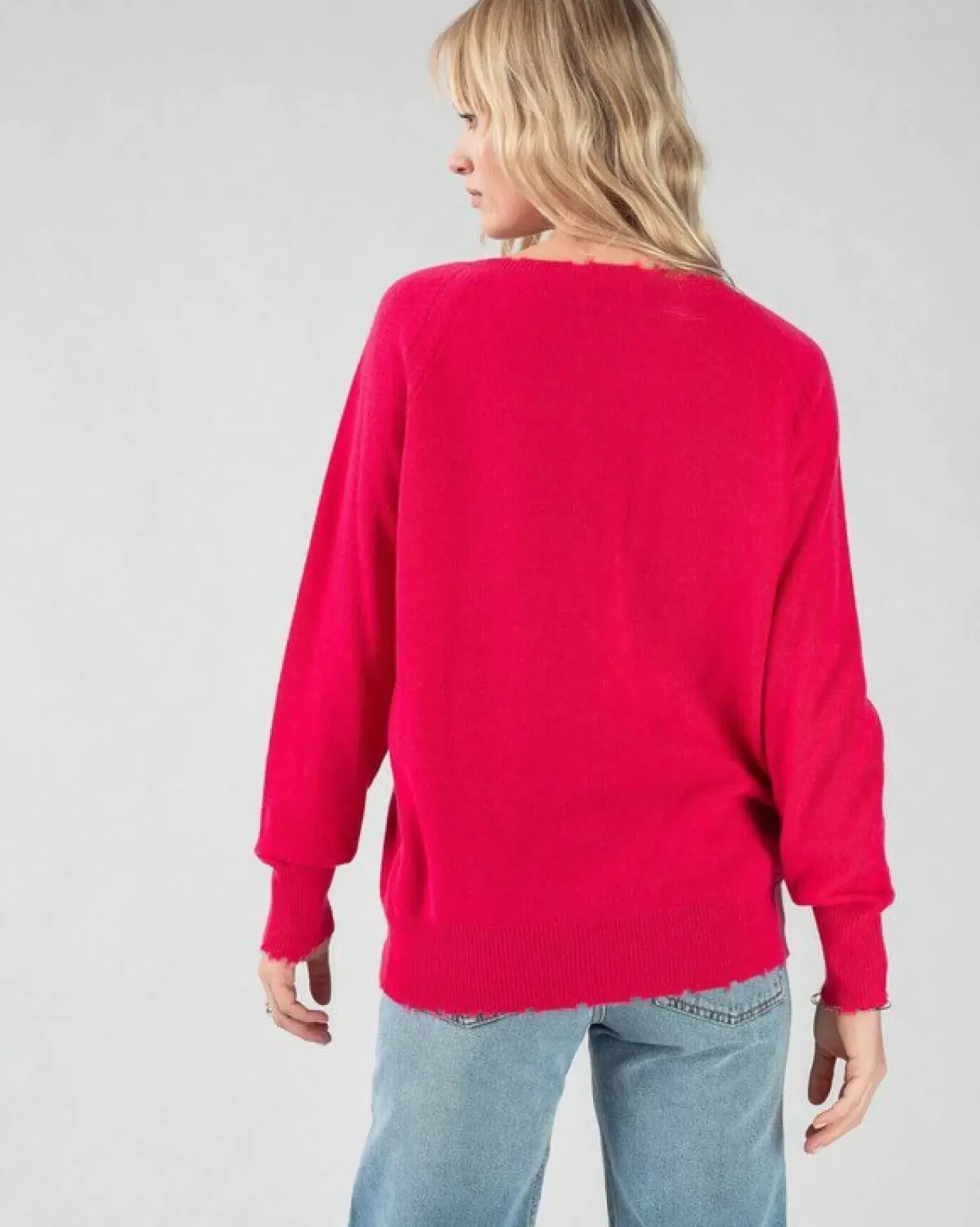 Kujten Sweaters & Sweatshirts>V-Neck Long Sleeves Cashmere Sweater Rose Fushia