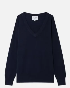 Kujten Sweaters & Sweatshirts>V-Neck Long Sleeves Cashmere Sweater Bleu Marine Fonce