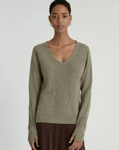 Kujten Sweaters & Sweatshirts>V-Neck Mittens Sleeves Cashmere Sweater Kaki Chine