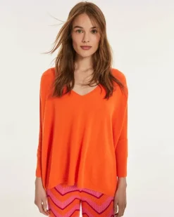 Kujten Sweaters & Sweatshirts>V-Neck Oversize Cashmere Sweater Orange Fluo