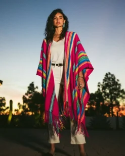 Kujten Capes & Ponchos>Woman Fringed Cashmere Cape Rose Magenta