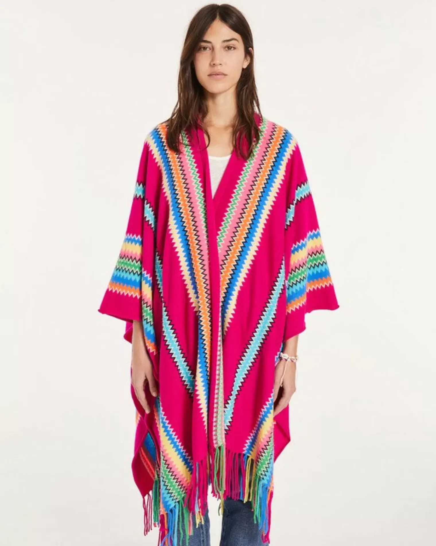 Kujten Capes & Ponchos>Woman Fringed Cashmere Cape Rose Magenta