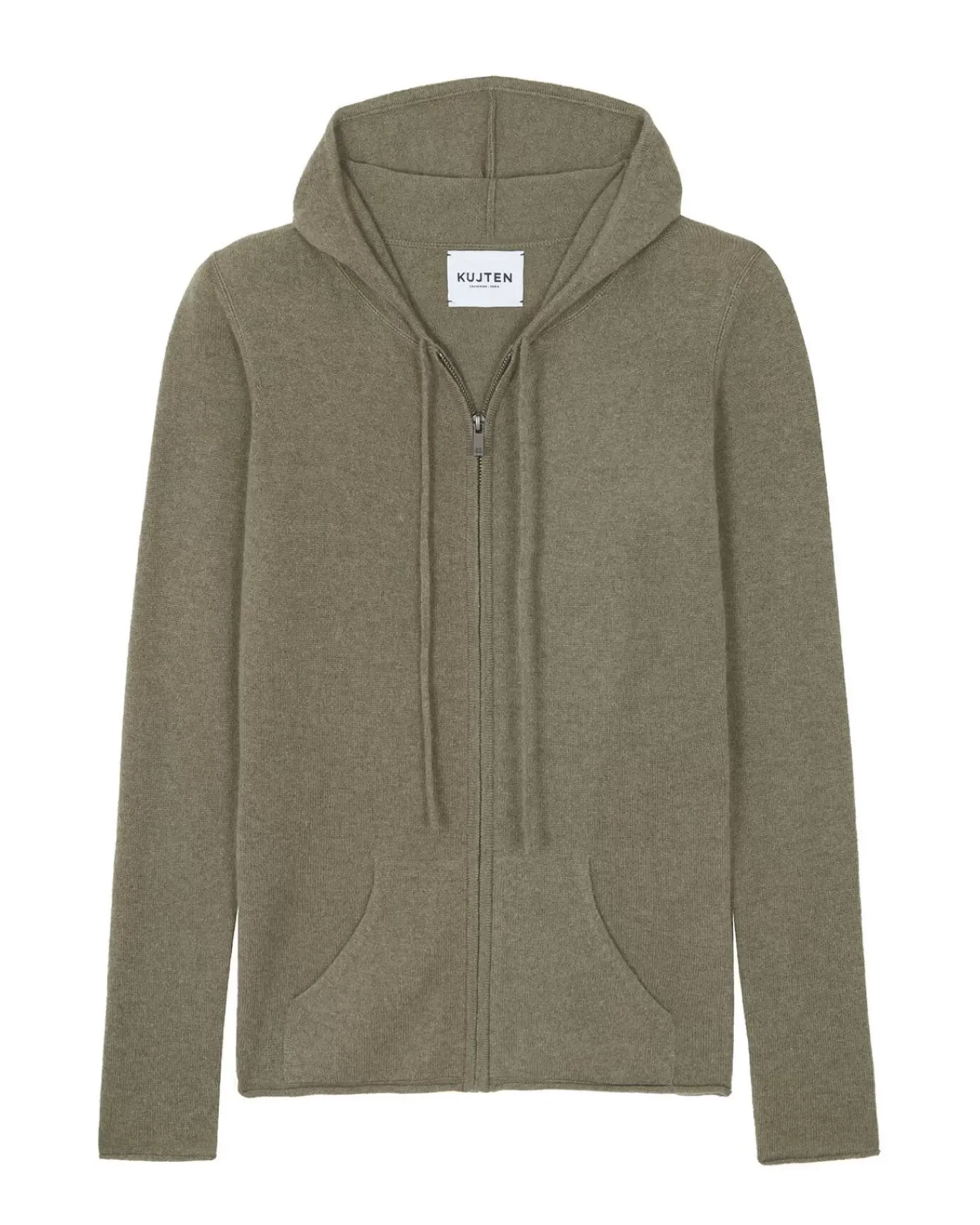 Kujten Hoodies>Woman Hooded Zipped Cashmere Vest, 2-Threads Kaki Chine