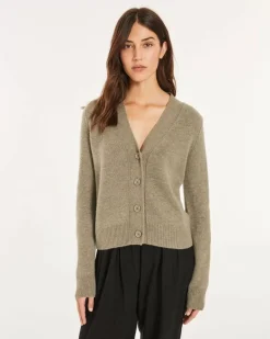 Kujten Jackets & Vests>Woman Short Cashmere Cardigan Kaki Chine