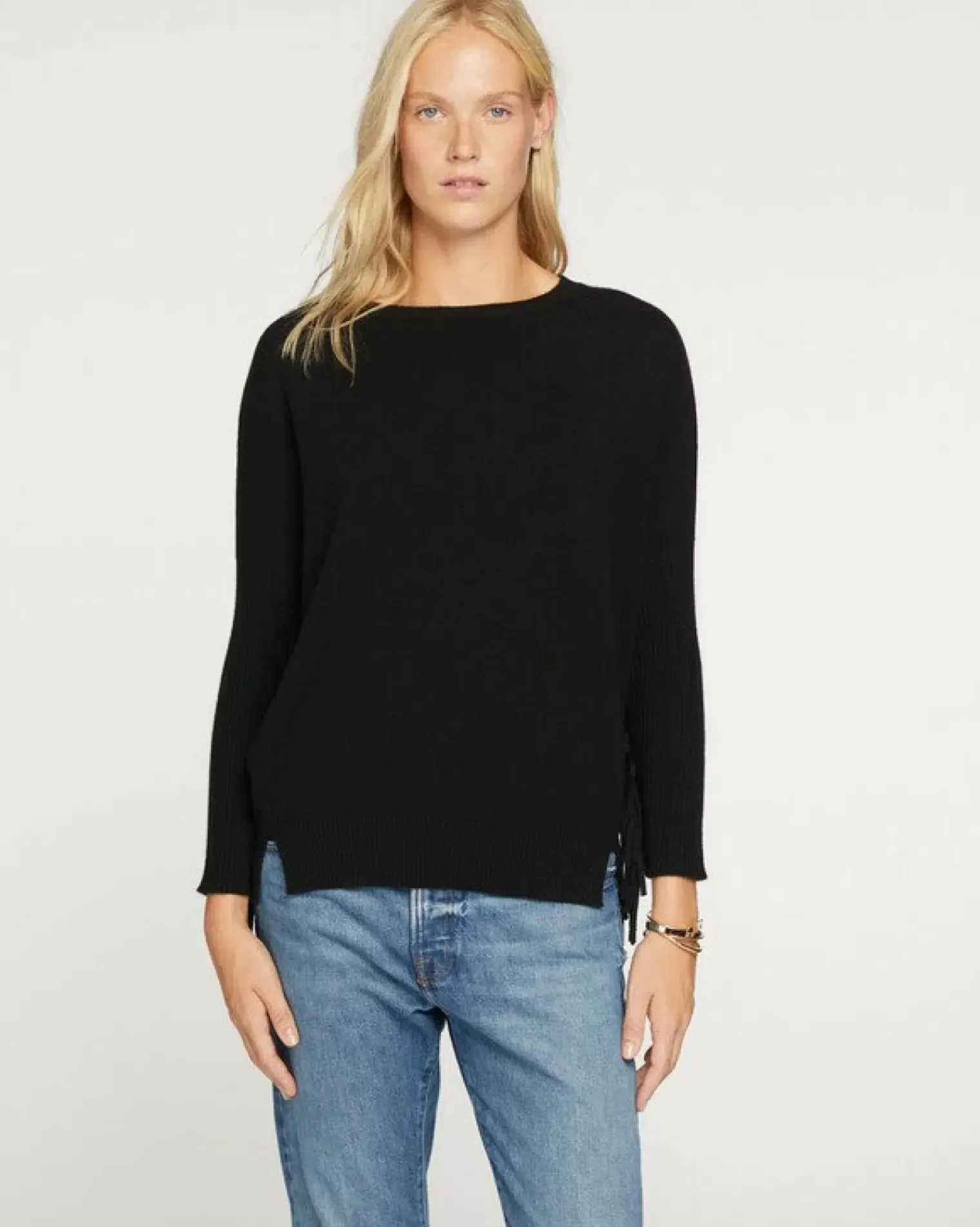 Kujten Sweaters & Sweatshirts>Women Cashmere Sweater With Fringes, 2-Threads Noir
