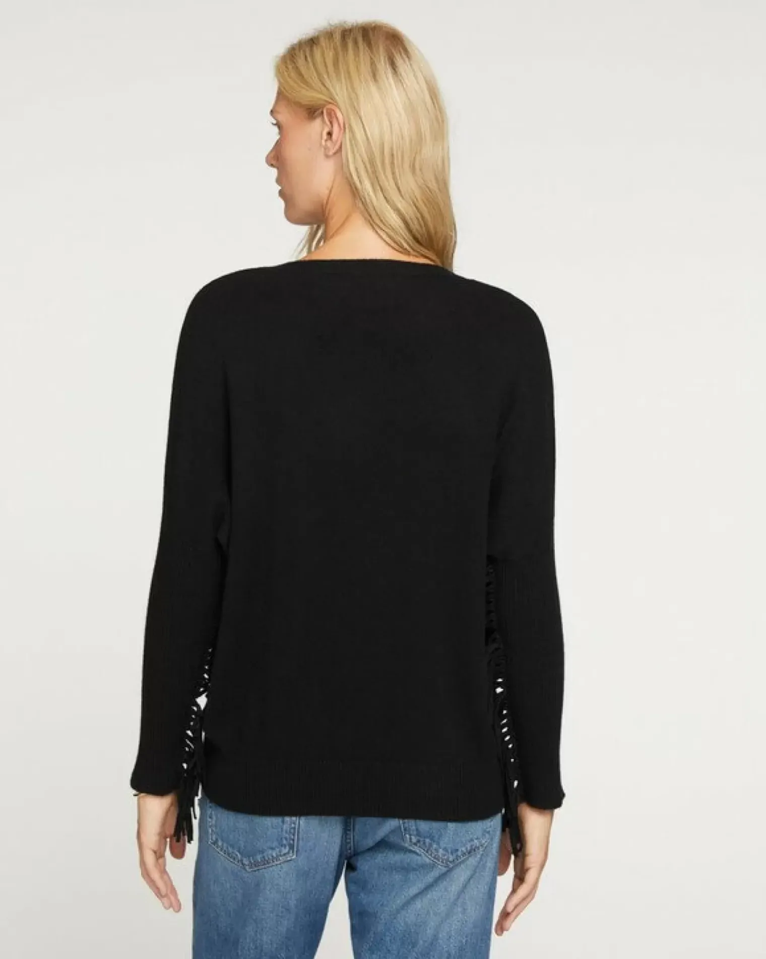 Kujten Sweaters & Sweatshirts>Women Cashmere Sweater With Fringes, 2-Threads Noir