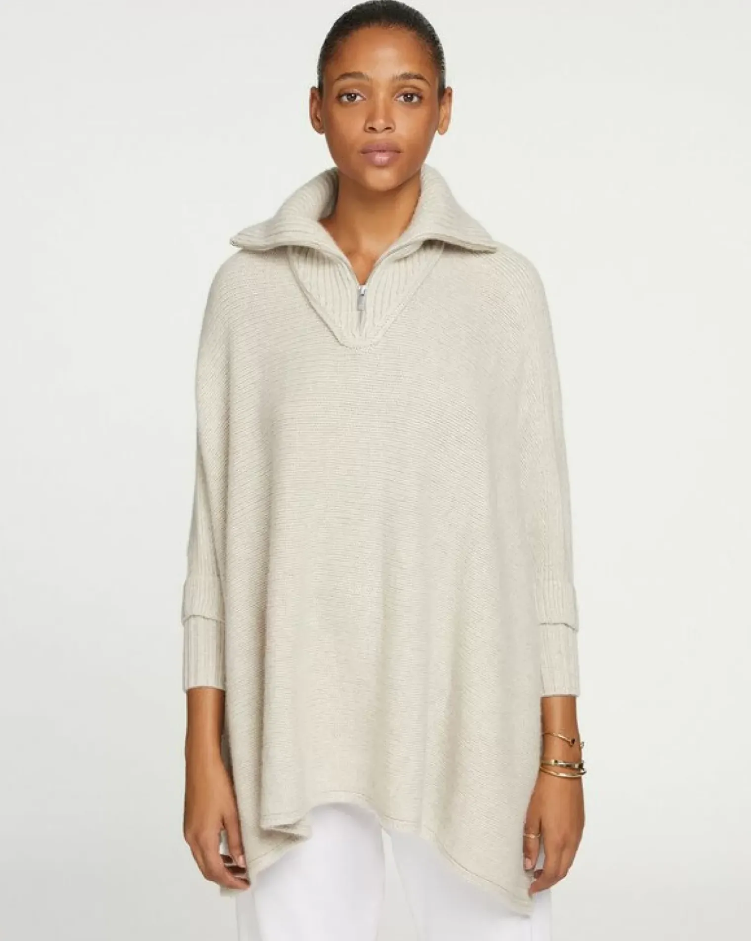 Kujten Capes & Ponchos>Women Cashmere Trucker Neck Poncho Avoine