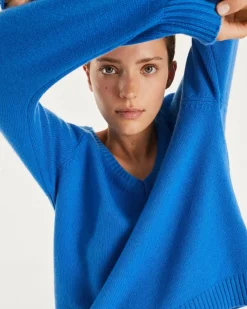 Kujten Sweaters & Sweatshirts>Women Cashmere V-Neck Sweater Bleu Kabalos