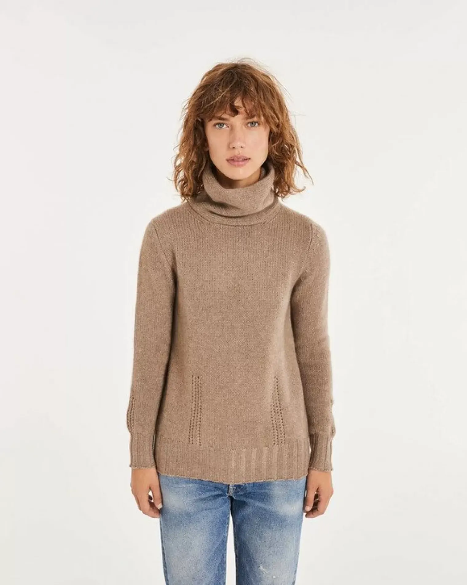 Kujten Sweaters & Sweatshirts>Women Double Turtleneck Cashmere Sweater Beige Taupe