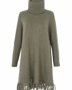 Kujten Capes & Ponchos>Women Fringed Cashmere Poncho, 10-Threads Kaki Chine