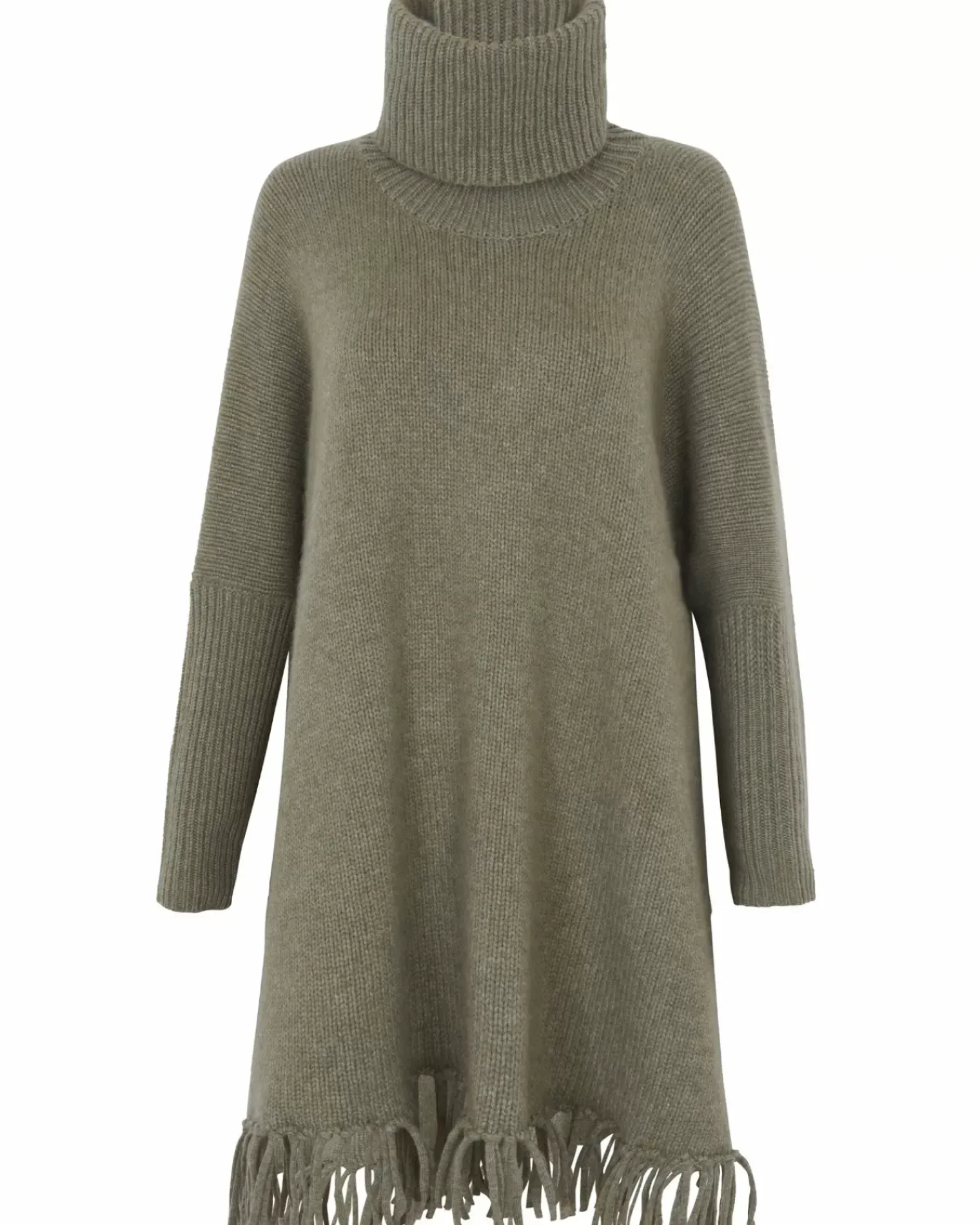 Kujten Capes & Ponchos>Women Fringed Cashmere Poncho, 10-Threads Kaki Chine