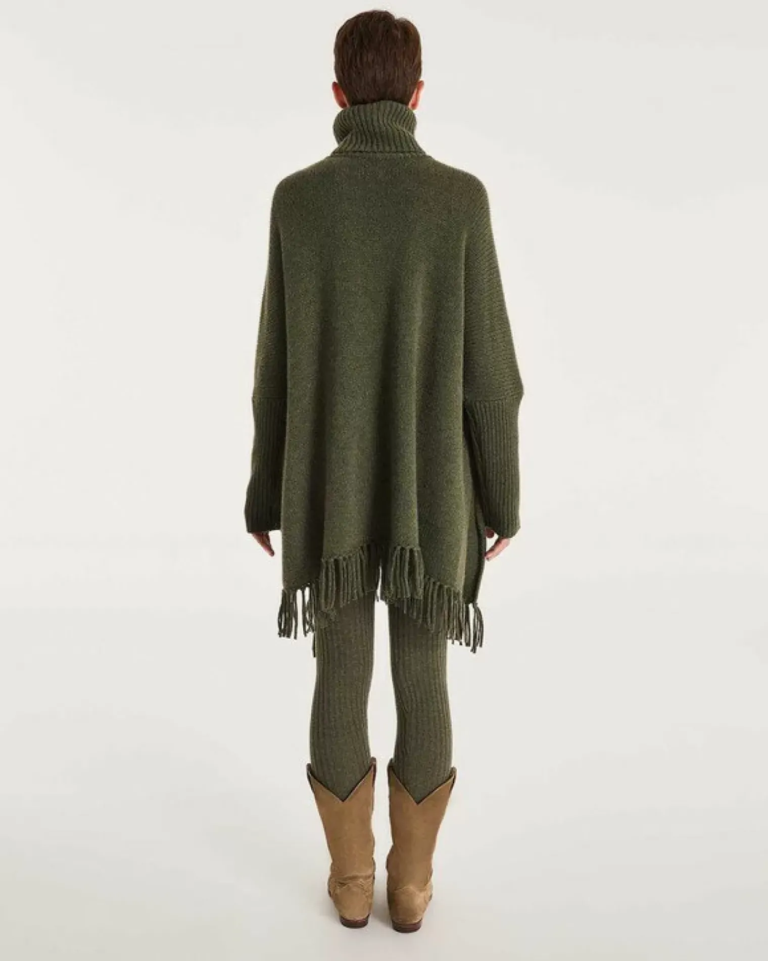Kujten Capes & Ponchos>Women Fringed Cashmere Poncho Kaki Fonce