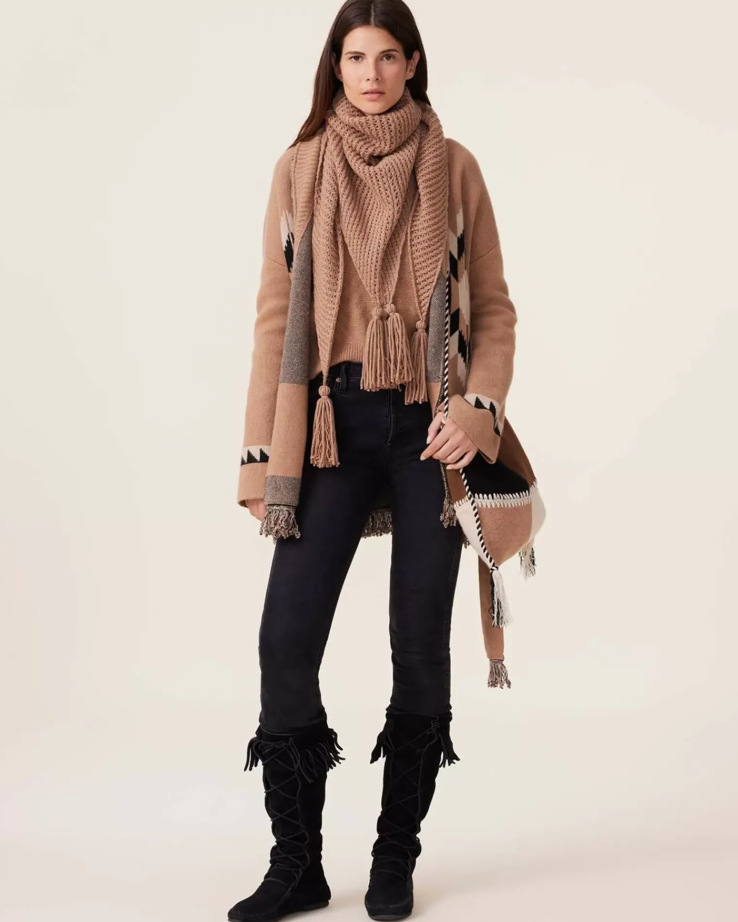 Kujten Jackets & Vests>Women Fringed Collar Cashmere Cardigan, 4-Threads Camelo