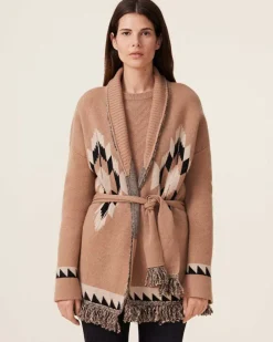 Kujten Jackets & Vests>Women Fringed Collar Cashmere Cardigan, 4-Threads Camelo