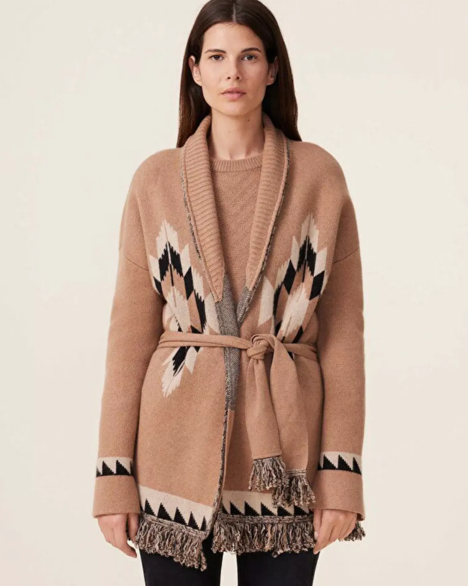 Kujten Jackets & Vests>Women Fringed Collar Cashmere Cardigan, 4-Threads Camelo