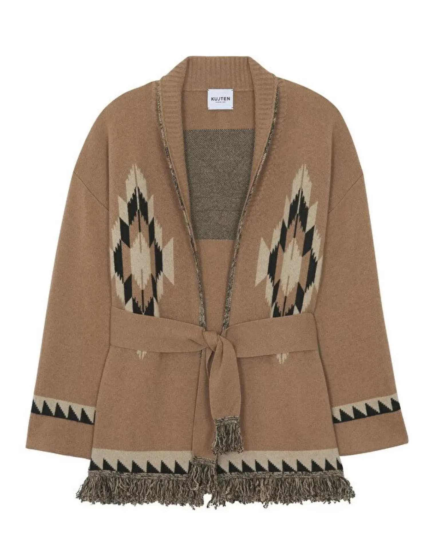 Kujten Jackets & Vests>Women Fringed Collar Cashmere Cardigan, 4-Threads Camelo