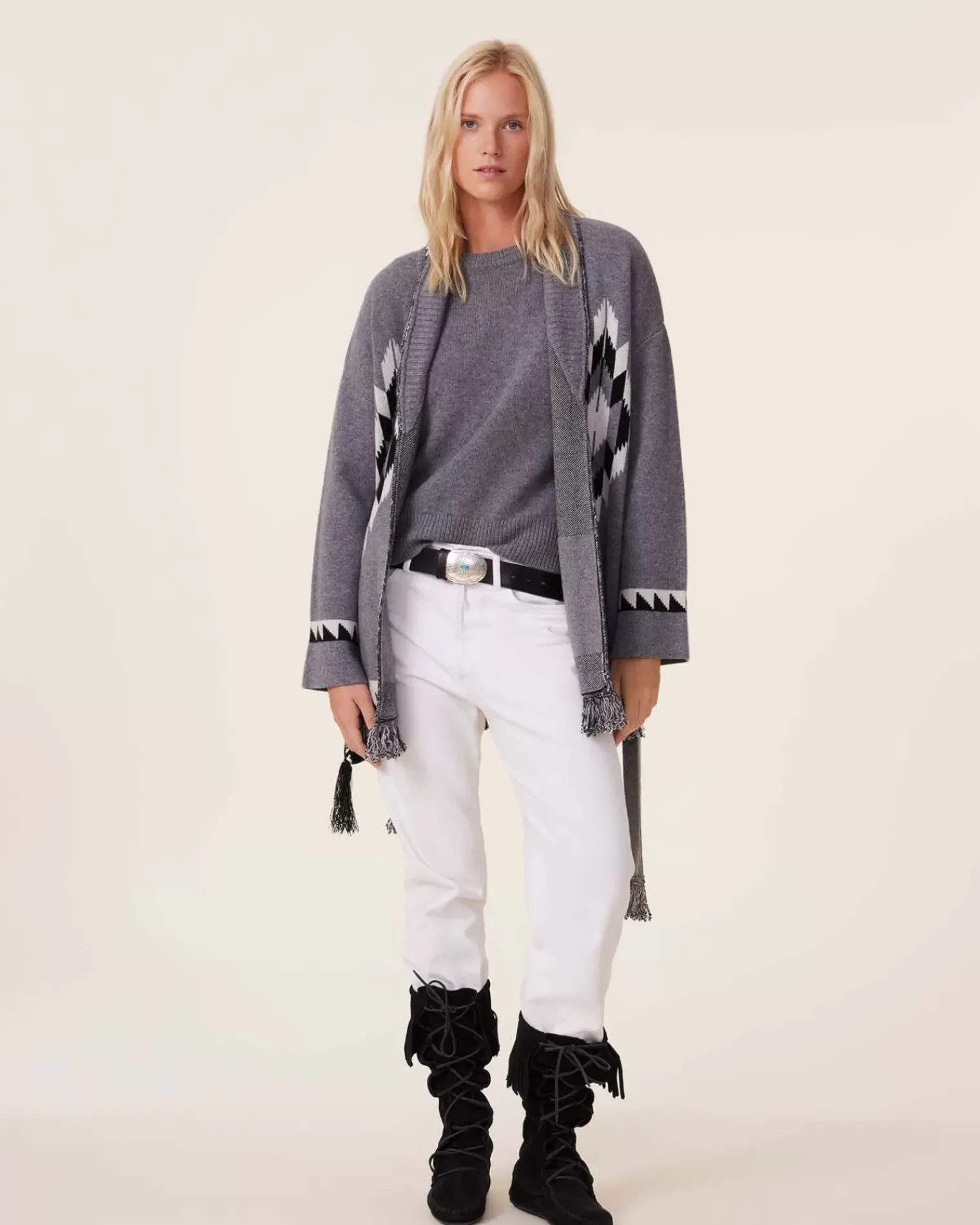 Kujten Jackets & Vests>Women Fringed Collar Cashmere Cardigan, 4-Threads Gris Flanelle