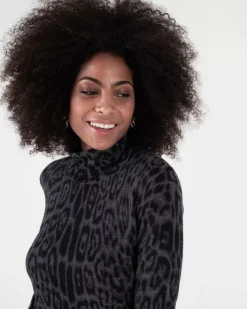 Kujten Sweaters & Sweatshirts>Women Leopard Print Cashmere Tunic Gris Anthracite Leopard