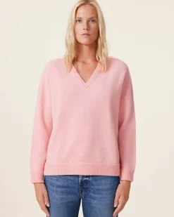 Kujten Sweaters & Sweatshirts>Women Oversized V-Neck Cashmere Sweater, 4-Threads Rose Guimauve