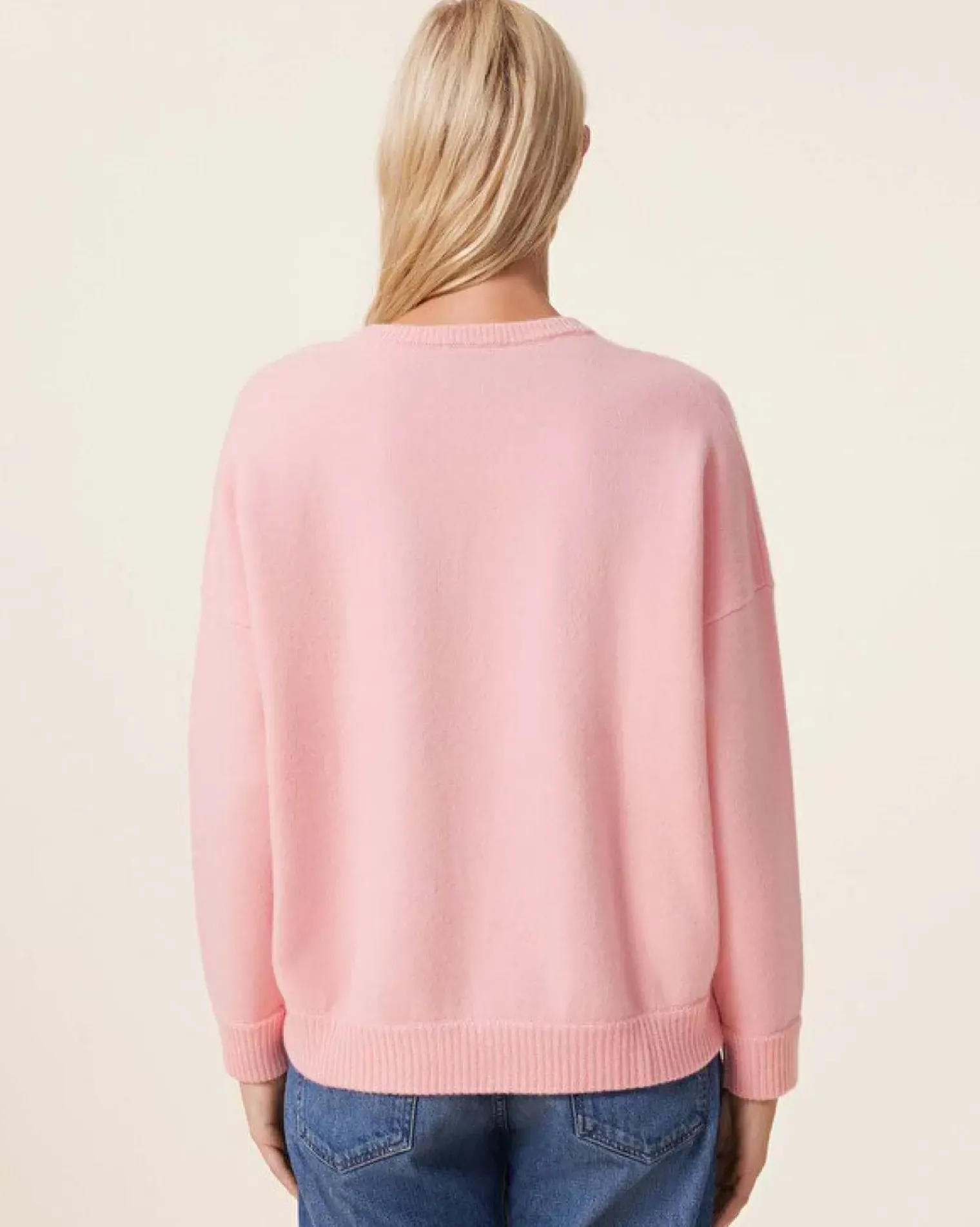 Kujten Sweaters & Sweatshirts>Women Oversized V-Neck Cashmere Sweater, 4-Threads Rose Guimauve