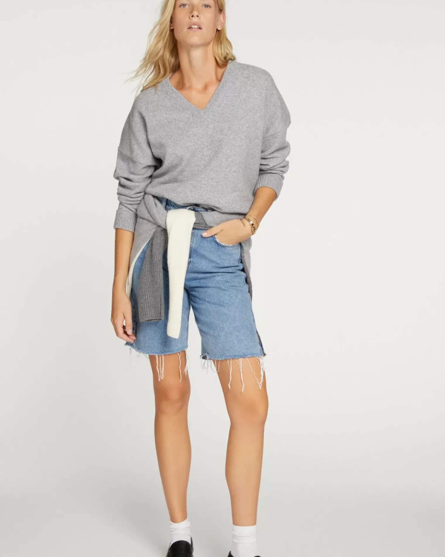 Kujten Sweaters & Sweatshirts>Women Oversized V-Neck Cashmere Sweater Gris Mouline