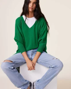 Kujten Sweaters & Sweatshirts>Women Oversized V-Neck Cashmere Sweater, 2-Threads Vert Imperial