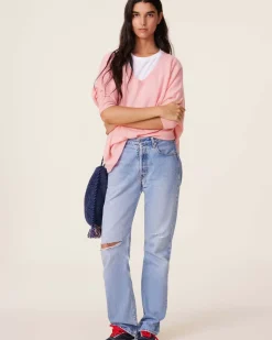 Kujten Sweaters & Sweatshirts>Women Oversized V-Neck Cashmere Sweater, 2-Threads Rose Guimauve