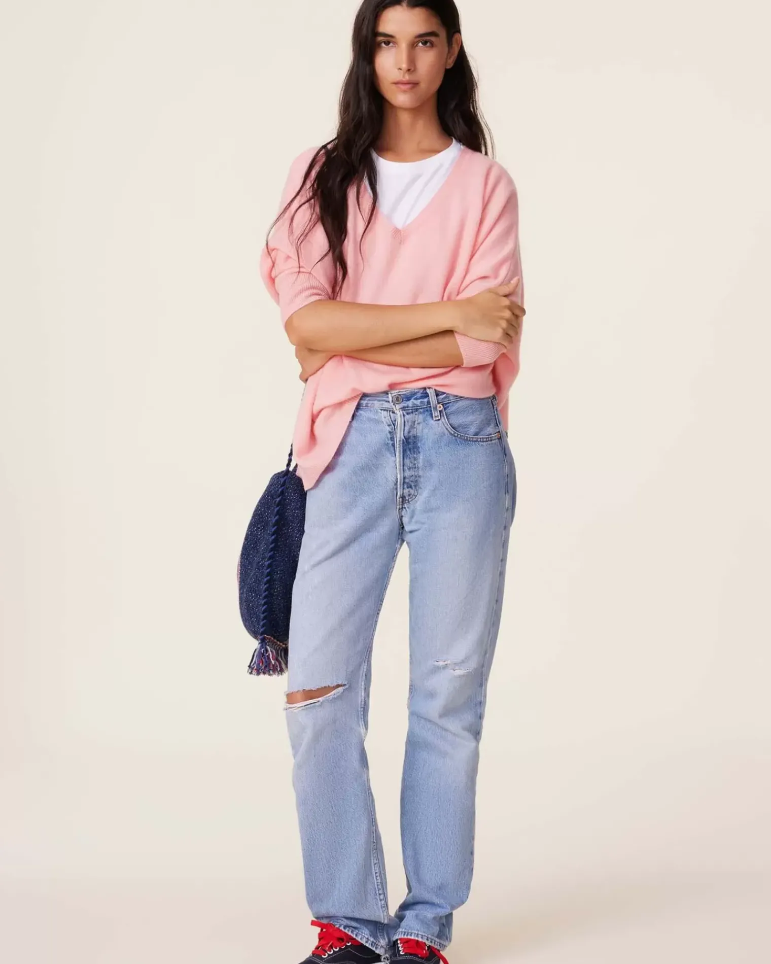 Kujten Sweaters & Sweatshirts>Women Oversized V-Neck Cashmere Sweater, 2-Threads Rose Guimauve