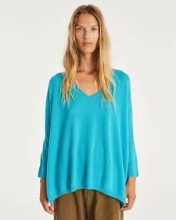 Kujten Sweaters & Sweatshirts>Women Oversized V-Neck Cashmere Sweater Bleu Turquoise
