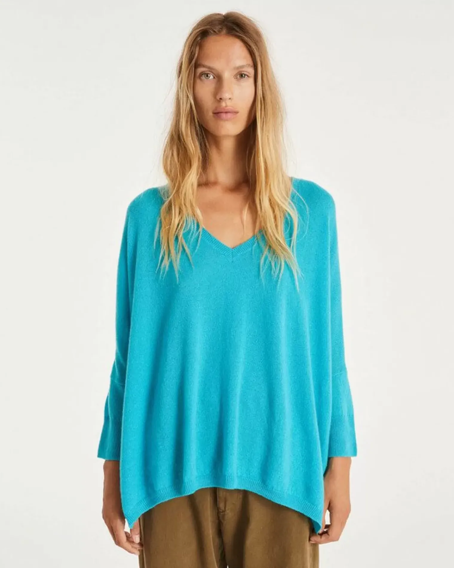 Kujten Sweaters & Sweatshirts>Women Oversized V-Neck Cashmere Sweater Bleu Turquoise