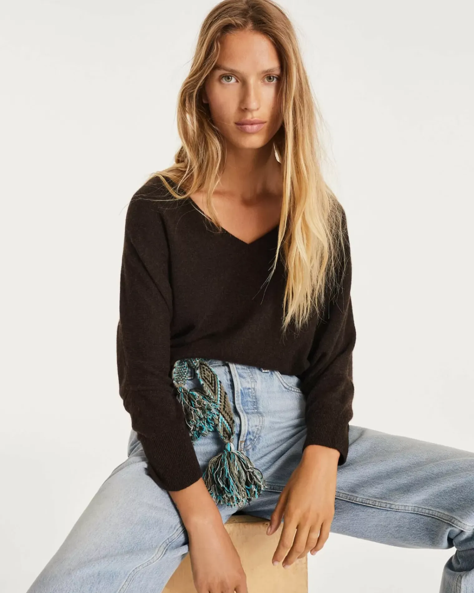 Kujten Sweaters & Sweatshirts>Women Oversized V-Neck Cashmere Sweater, 2-Threads Marron