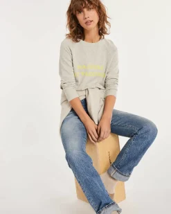 Kujten Sweaters & Sweatshirts>Women Printed Round Neck Cashmere Sweater Gris Bouleau