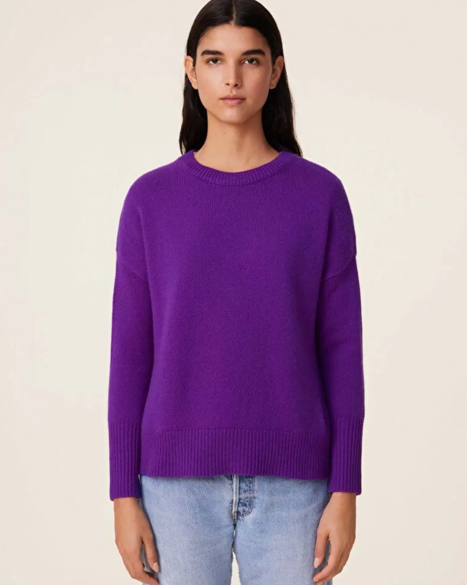 Kujten Sweaters & Sweatshirts>Women Round Neck Cashmere Sweater, 4-Threads Deep Purple
