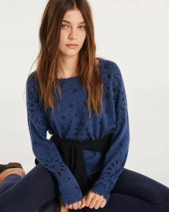 Kujten Sweaters & Sweatshirts>Women Round Neck Cashmere Sweater Bleu Jeans Fonce