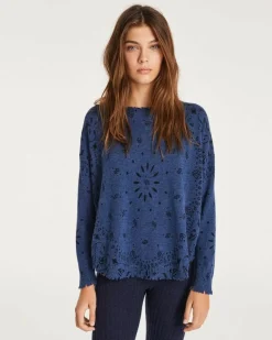 Kujten Sweaters & Sweatshirts>Women Round Neck Cashmere Sweater Bleu Jeans Fonce