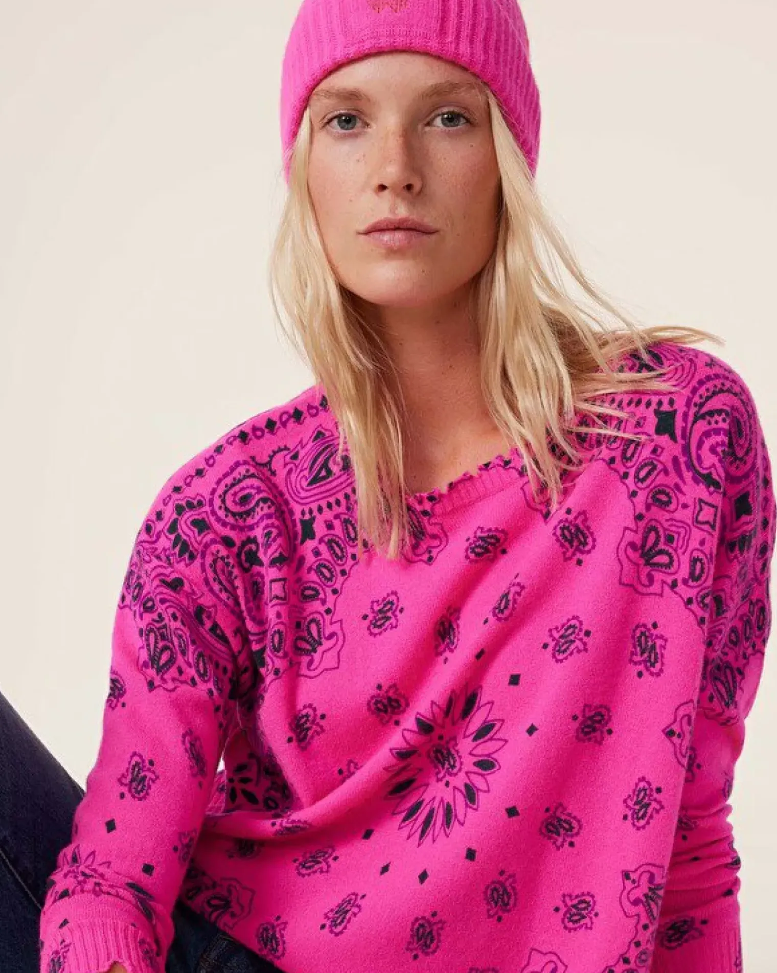 Kujten Sweaters & Sweatshirts>Women Round Neck Cashmere Sweater, 2-Threads Rose Neon