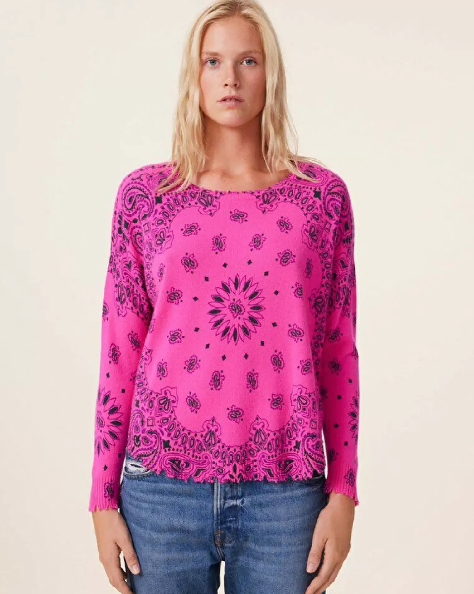 Kujten Sweaters & Sweatshirts>Women Round Neck Cashmere Sweater, 2-Threads Rose Neon