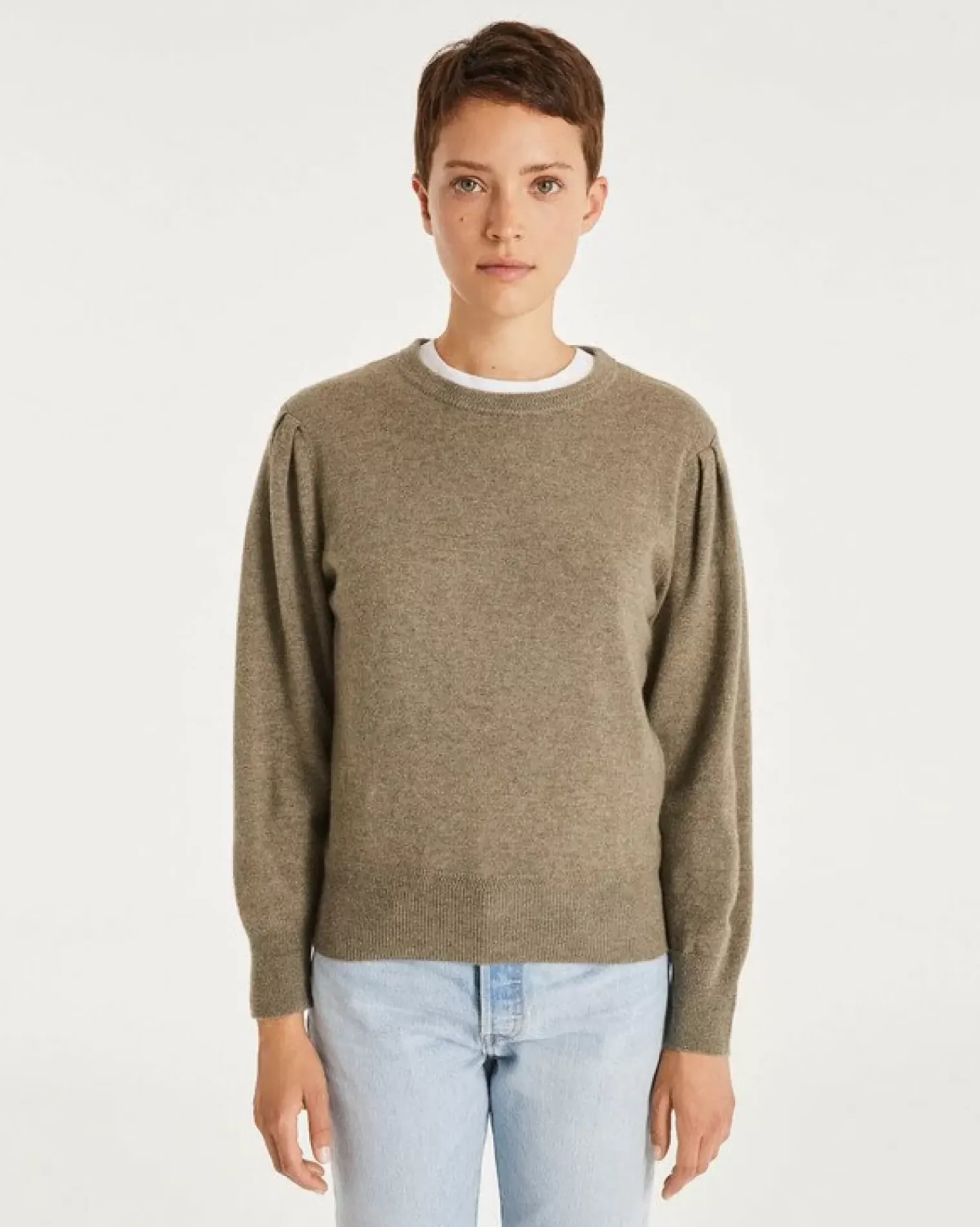 Kujten Sweaters & Sweatshirts>Women Round Neck Cashmere Sweater Kaki Chine