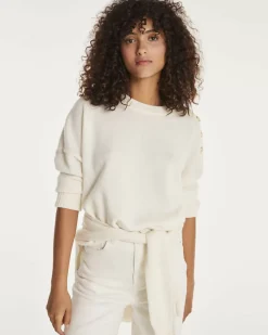 Kujten Sweaters & Sweatshirts>Women Round Neck Cashmere Button Sweater Blanc