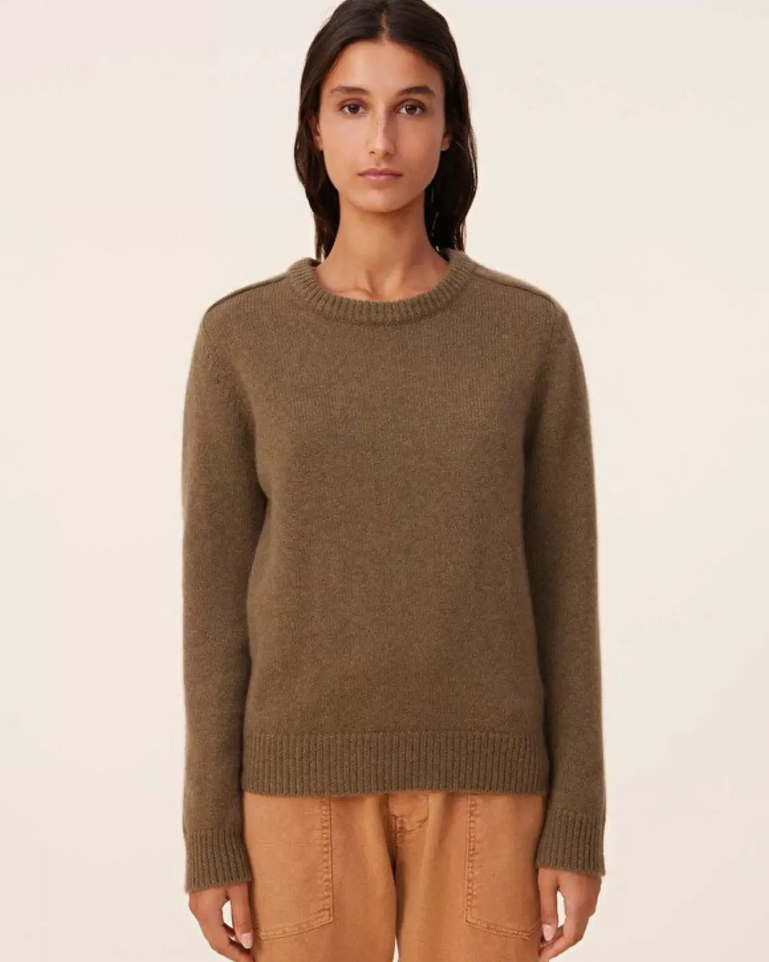 Kujten Sweaters & Sweatshirts>Women Round Neck Cashmere Sweater, 6-Threads Kaki Scout