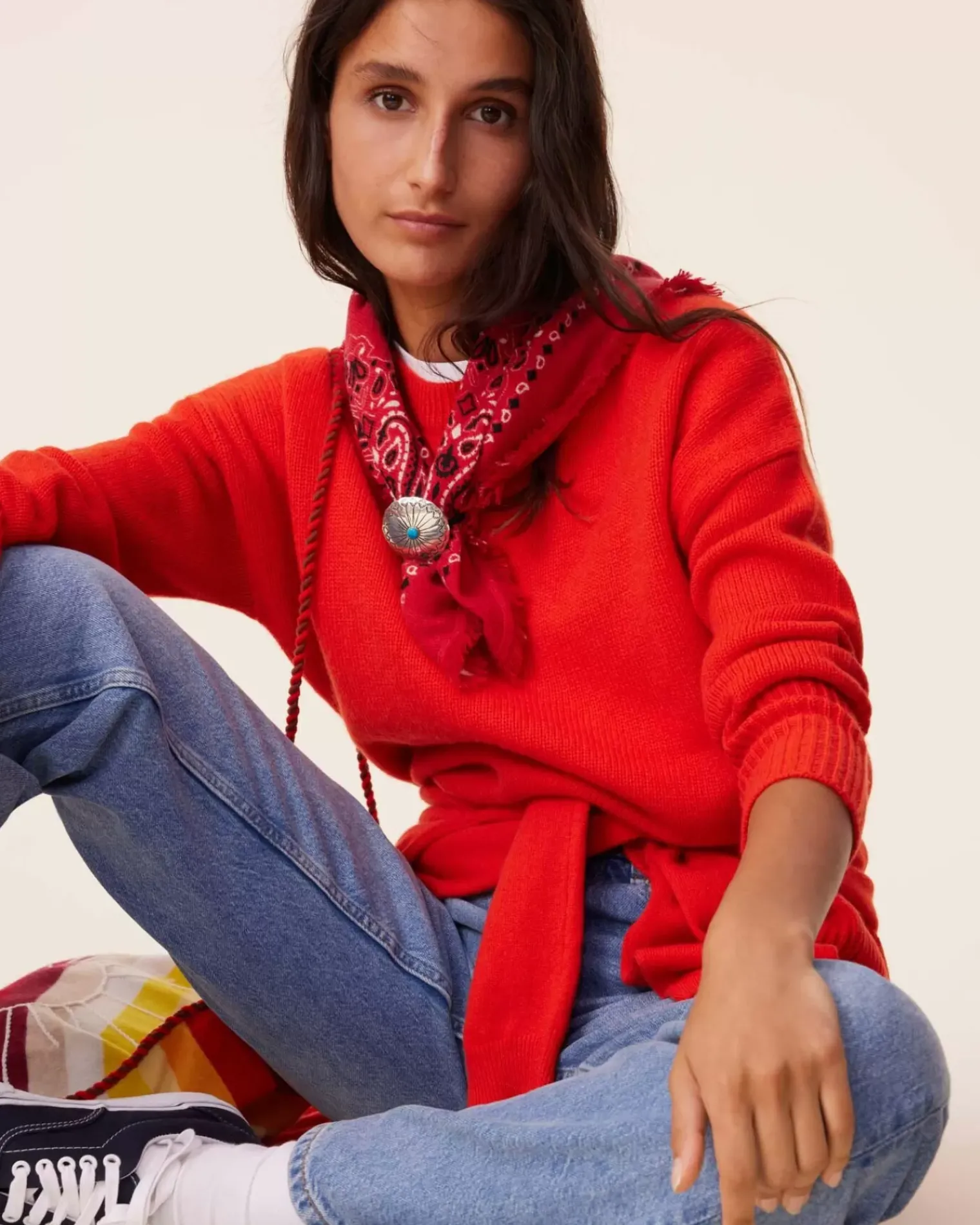 Kujten Sweaters & Sweatshirts>Women Round Neck Cashmere Sweater, 4-Threads Orange Rosso