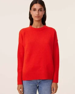Kujten Sweaters & Sweatshirts>Women Round Neck Cashmere Sweater, 4-Threads Orange Rosso