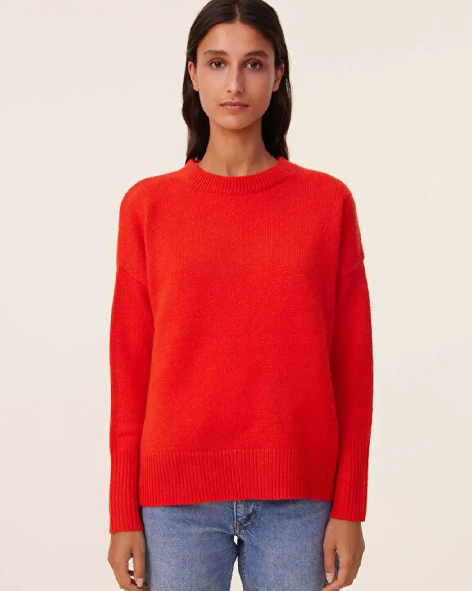 Kujten Sweaters & Sweatshirts>Women Round Neck Cashmere Sweater, 4-Threads Orange Rosso