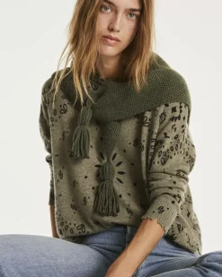 Kujten Sweaters & Sweatshirts>Women Round Neck Cashmere Sweater, 2-Threads Kaki Chine