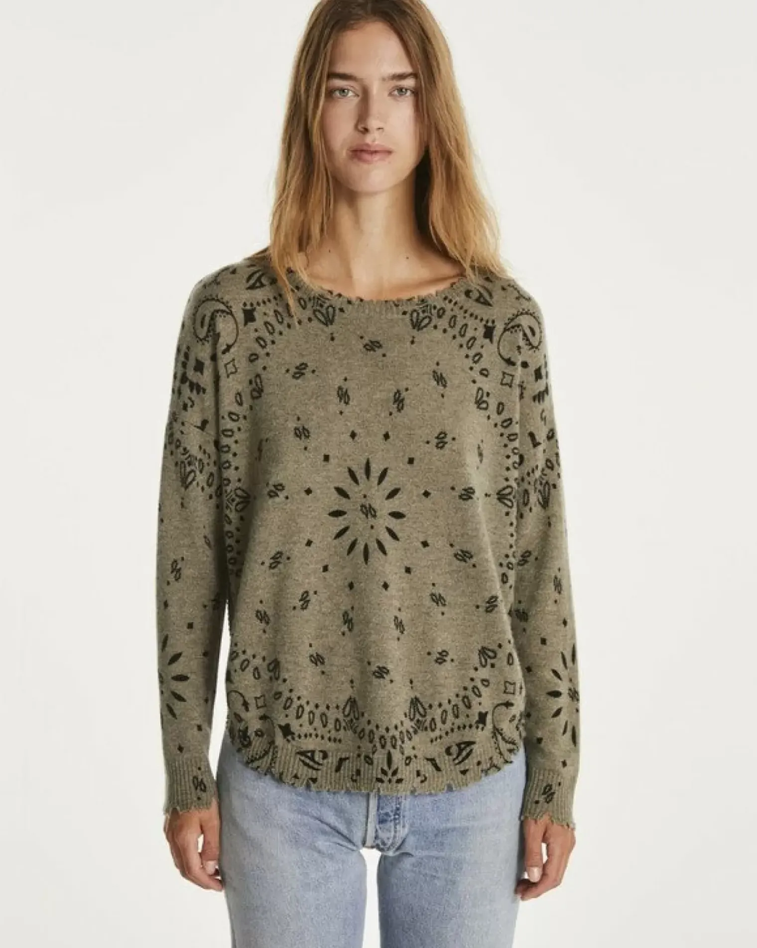 Kujten Sweaters & Sweatshirts>Women Round Neck Cashmere Sweater, 2-Threads Kaki Chine