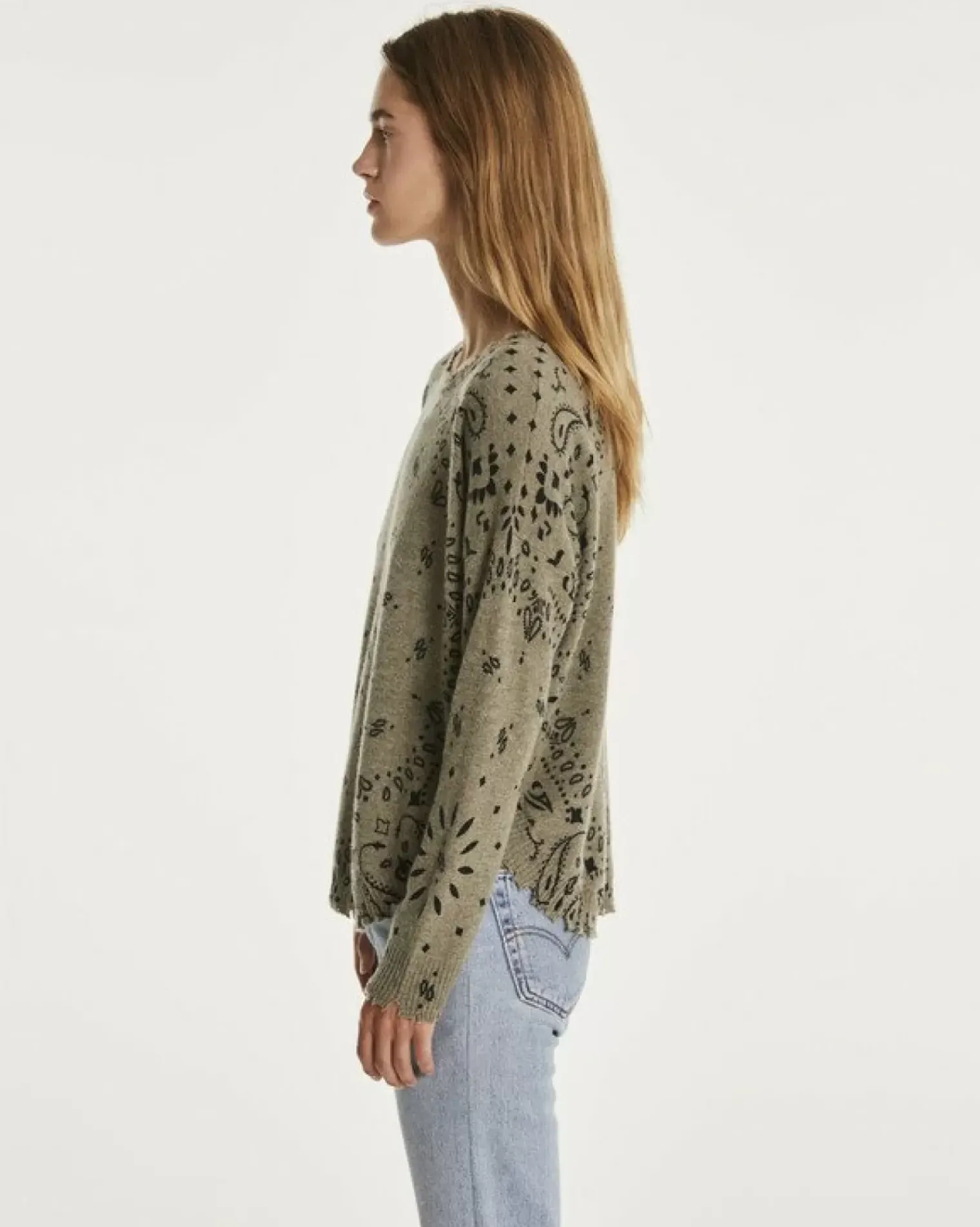 Kujten Sweaters & Sweatshirts>Women Round Neck Cashmere Sweater, 2-Threads Kaki Chine